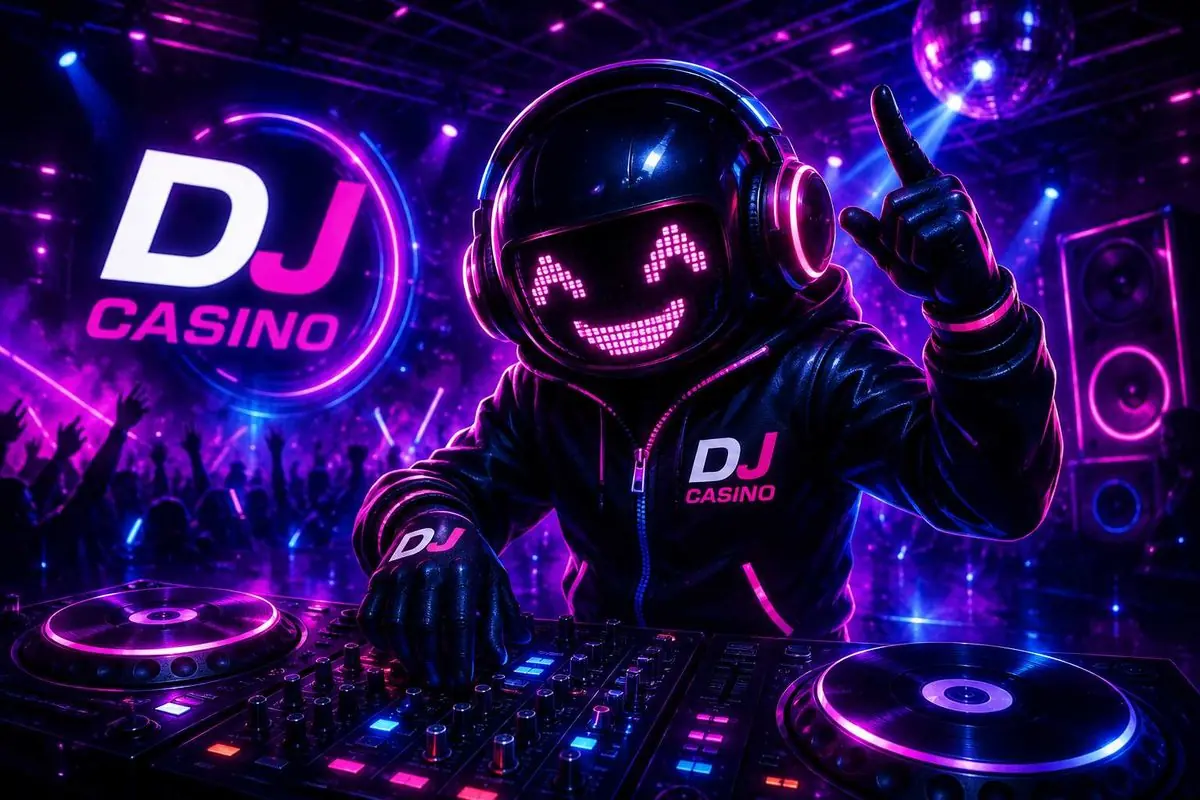 Maskotka DJ Casino w słuchawkach przy gramofonach
